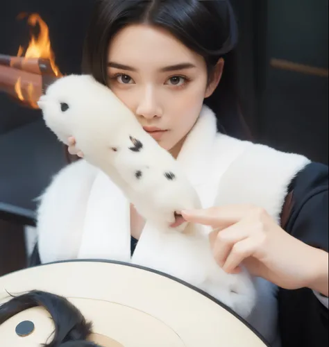 there is a woman holding a white fan with a fire in it, kitsune holding torch, casting fire spell, inspired by Li Mei-shu, inspired by Shin Yun-bok, inspired by Gong Xian, inspired by Guan Daosheng, iu lee ji-eun as a super villain, inspired by Gong Kai, i...