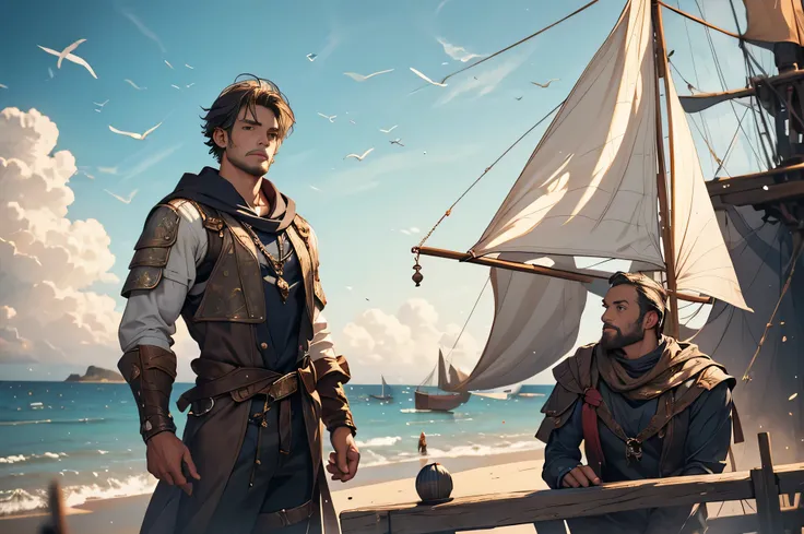 A medieval fantasy-themed image featuring a handsome sailor in their 20s, casting a net while dressed as a commoner. The setting includes a seaside backdrop with rugged cliffs, The sailor is depicted with weathered clothing, a rugged demeanor, and a sense ...