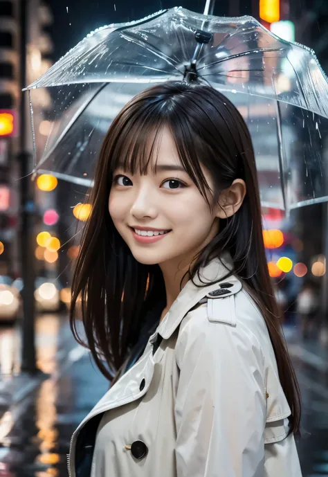 (((Rainy City:1.3, outdoor, Photographed from the front))), ((long hair:1.3,umbrella,trench coat,japanese woman,Smile,cute)), (clean, natural makeup), (highest quality, masterpiece:1.3, 超High resolution), (Super detailed, caustics), (realistic:1.4, RAW sho...