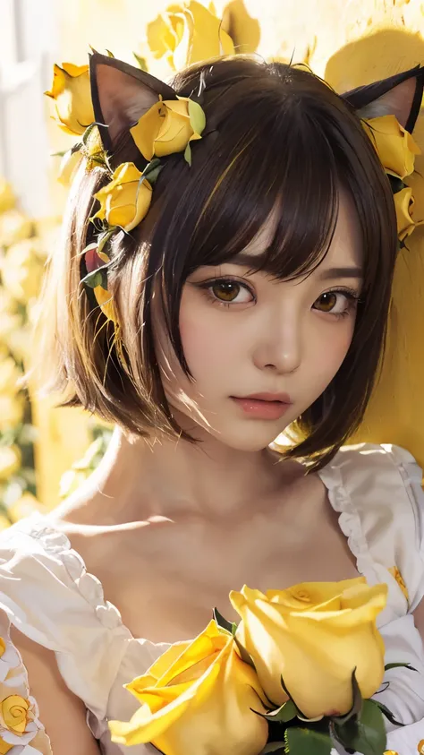 (Emo art:1.6), masterpiece, 4k, Bokeh, high school girls, beautiful face,  (Cat ears:1.3), (Yellow bob hair:1.6) , (Japanese idol:1.6), Blushed face, (Yellow maid costume :1.4), looking at the viewer, closeup, 
 (Yellow background :1.4), ( many Yellow rose...