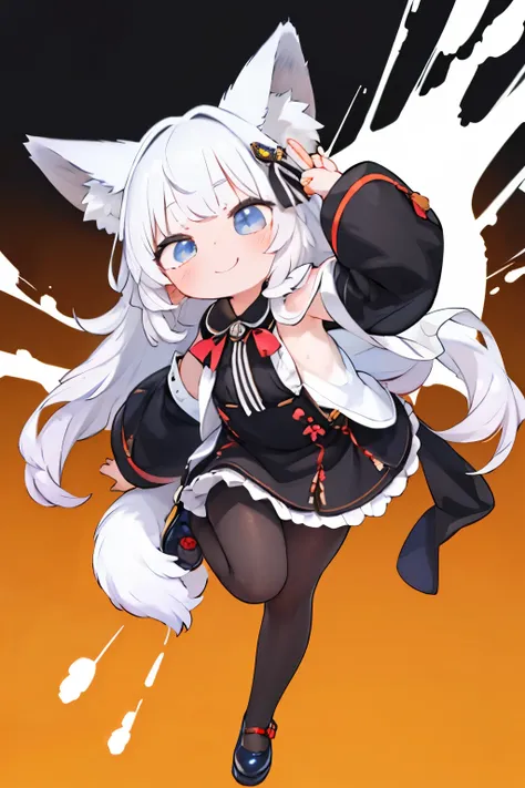 A girl with impressive white hair、Fox ears and tail、Hair Ornament、Black pantyhose、No sleeve、smile、cute shoes with accessories