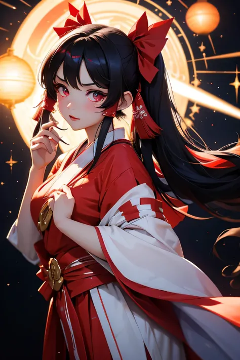 Reimu Hakurei, shrine maiden, black hair in fine twin-tails, flashy makeup, big false eyelashes, wearing a shrine maiden costume, fantasy pictures, lots of light swirling around like a galaxy, has a big nusa