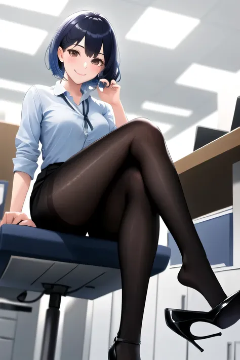 masterpiece, highest quality, High resolution, 1girl High heels hanging down, sitting cross-legged, office lady、Smile hairstyle short cut、black tights
