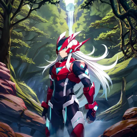 megzeromyth2023, 1boy, long white hair, red armor, green energy sword, high quality, masterpiece, in a dark forest looking out a...