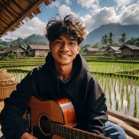 indonesian male teenager, 20 years old, messy hair, wearing a black hoodie, sitting in a hut in the rice fields, holding a guita...