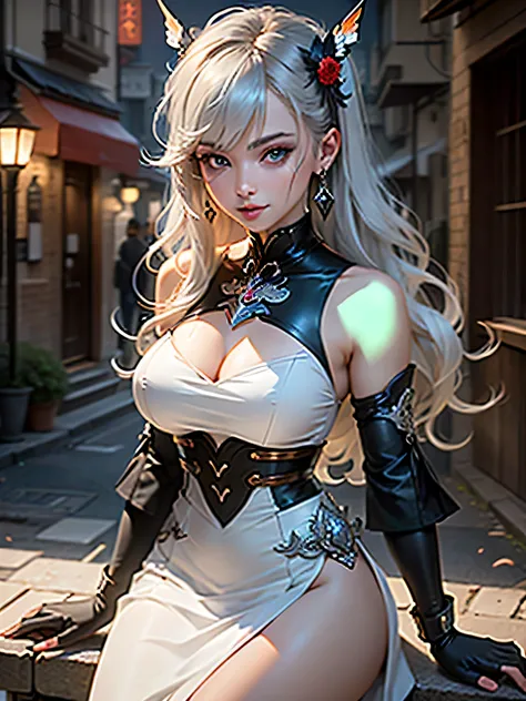 Samurai, (Realistic painting style:0.9), masterpiece, best quality,  absurdres, looking at viewer, solo, bronya zaychik (silverwing n-ex), bronya zaychik, red pupils, 1girl, solo, breasts, long hair, dress, grey hair, cleavage, looking at viewer, smile, cl...