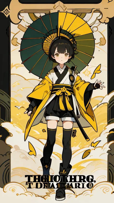 highest quality,Highest image quality,delicate,Standing picture,juvenile,black hunting clothes,Ginkgo pattern under the hunting costume,Yellow line at sleeve,Yellow kimono,shorts,black knee high socks,Black short boots with a yellow line on top,fingerless ...