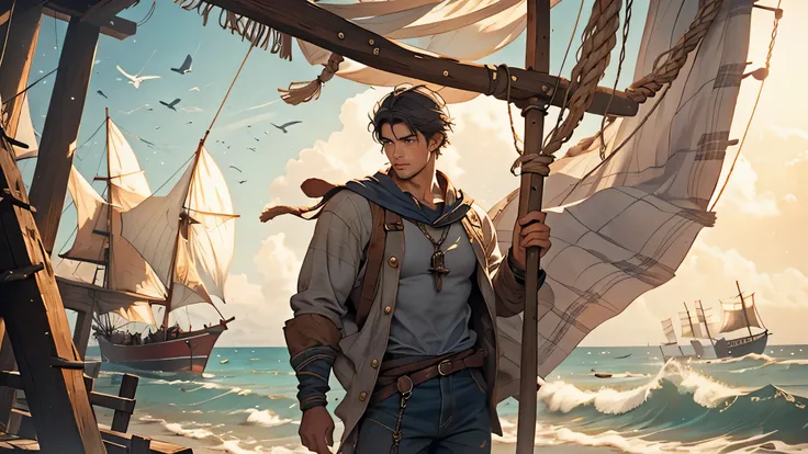 A young, rugged sailor in his twenties, casting a weathered net into a mystical sea, set in a medieval fantasy world. The sailor is dressed in tattered commoner attire, rough shirt and patched trousers, 