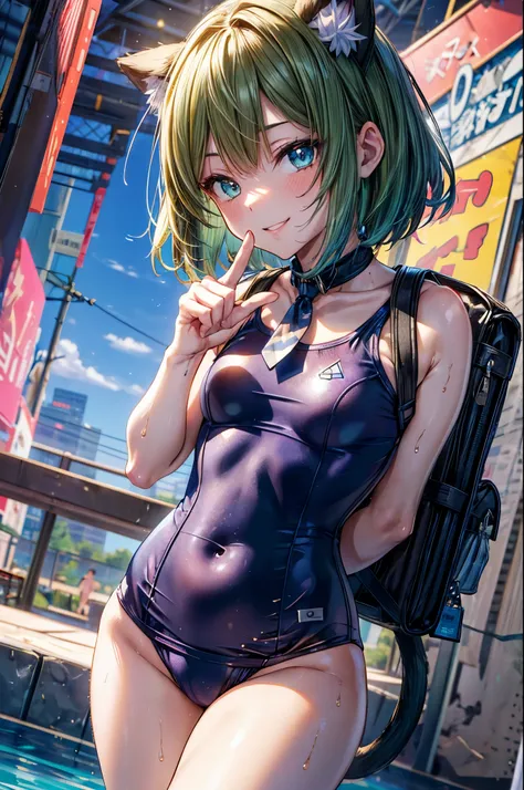 (((school swimsuit))), mechanical knee joint, ((triangle shaped tie)), ((deltamon_beta:1.5)), (carrying a backpack), (a tail growing from the butt), break, short hair, ((green hair1.5)), (cat ears a green), bob cut, (((4 defined fingers))), (((1 defined th...