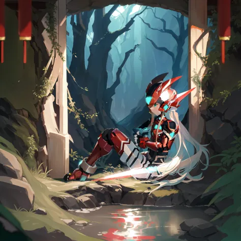 megzeromyth2023, 1boy, long white hair, red armor, green energy sword, high quality, masterpiece, in a dark forest looking out at a waterfall, in the style of ultra detailed, dark cyan and light bronze, eye-catching tags, physically based rendering, depict...