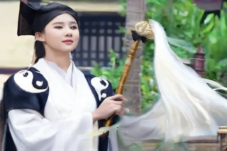 arafed woman in traditional dress holding a long stick with a white feather, white hanfu, white daoist robes, mahira khan as a mage, palace ， a girl in hanfu, hanfu, flowing white robes, flowing hair and long robes, mahira khan as a d&d wizard, taoist robe...