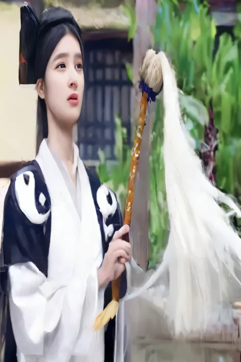 arafed woman in traditional dress holding a long stick with a white feather, white hanfu, white daoist robes, mahira khan as a mage, palace ， a girl in hanfu, hanfu, flowing white robes, flowing hair and long robes, mahira khan as a d&d wizard, taoist robe...