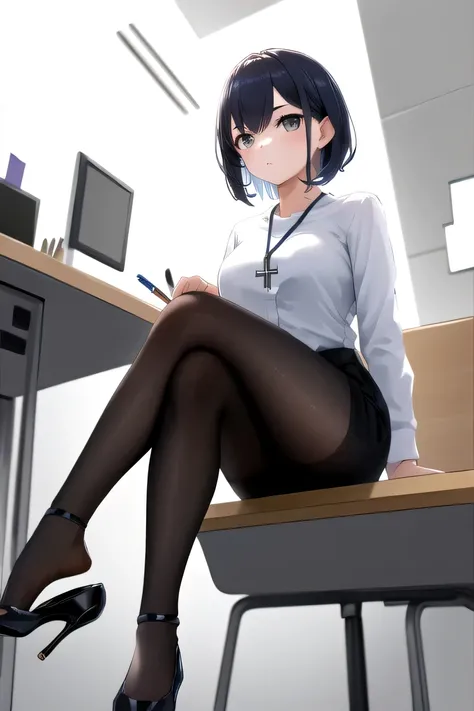 masterpiece, highest quality, High resolution, 1girl High heels hanging down, sitting cross-legged, office lady、hairstyle short cut、black tights
