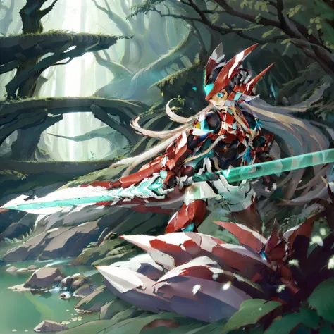 megzeromyth2023, 1boy, long white hair, red armor, green energy sword, high quality, masterpiece, in a dark forest looking out a...