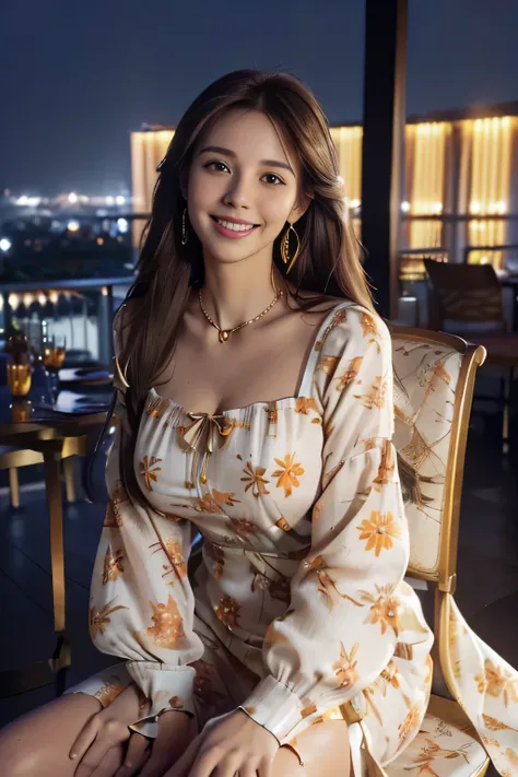 ((beautiful girl:1.3))((fancy orange and white printed dress:1.3))、((Floral blouse、Blouse with ribbon:1.3))、 (((smile:1.2)) ((big breasts:1.2)) () ((close:1.3)) highest quality,masterpiece,ultra high resolution,(realistic:1.4),Raw photo,(real skin texture:...