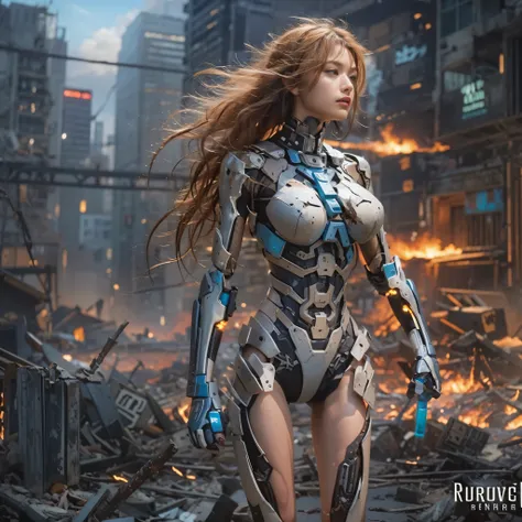 （A young, beautiful woman with the power of lightning、Multiple robots of invaders destroying the city inside the woman）、SF、The space around the woman appears distorted、destroyed metropolis、challenge the invaders、urban decline、burning flame、collapsing high-...