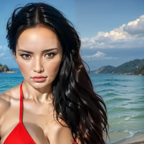 araffed woman in red bikini posing for photo on the beach, gorgeous beautiful woman, gorgeous woman, gorgeous latin face, the mo...