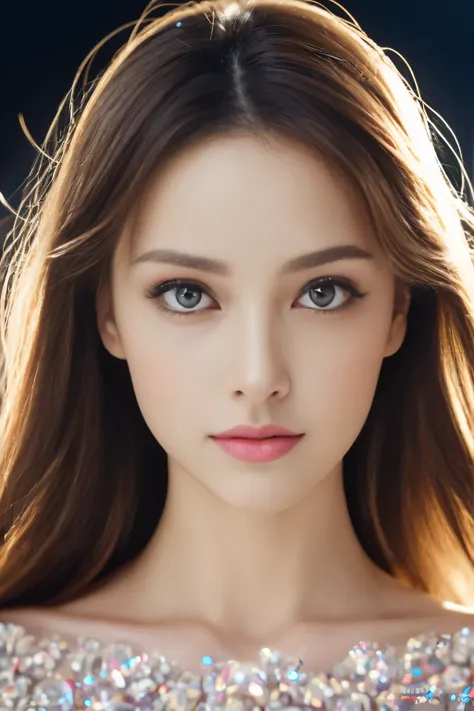 (8K, Raw photo, realistic:1.25) ,( lip gloss,glossy finish, Glossy skin, highest quality, 超A high resolution, chromatic aberration, caustics, wide light, natural shadow) Gazing at the audience with a calm and goddess-like blissful expression,(Depth of the ...