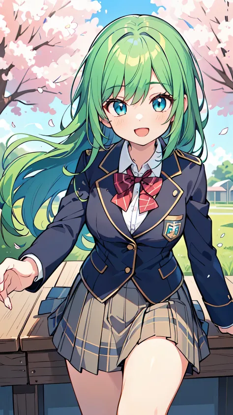 ((a pretty high school girl with green hair and blue eyes)), ((wearing blazer uniform and plaid skirt)), baby face, ((master pie...