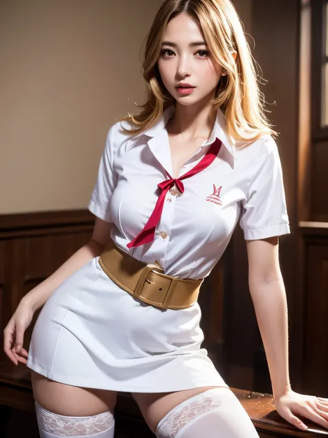 （highest quality，4k，masterpiece：1.2），Beautiful woman，1 girl，sexy：1.1，dark yellow hair：1.1，woman inside ，soaking wet uniform，super detailed face，lip details，fine eyes，double eyelid，miniskirt white stockings，stand up