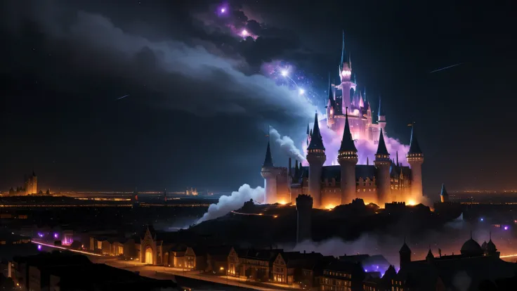 Huge, ethereal city with a castle thats all destroyed, enveloped in shimmering stardust,while burning down against a vivid night sky.