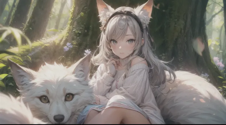 A professional high-quality photo, in 4K resolution, captures in realistic detail a charming girl in a fluffy white pajama with ears and foxtail. She is sitting in the middle of an enchanted forest, where every element is portrayed to perfection. The textu...