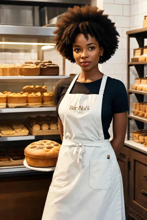 African American lady, Amelia, the protagonist, standing in front of her bakery, wearing a baker’s apron and a determined expression on her face, afro hair, masterpiece, highly detailed, high resolution, detailed hand 