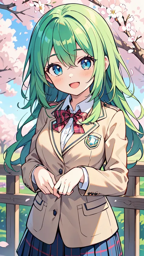 ((A Pretty High School girl with green hair and blue eyes)), ((wearing blazer uniform and plaid skirt)), Baby face, ((master piece, top-quality, ultra-definition, high resolution)), anime girl, ((ultra-detailed illust:1.2)), only one person, bangs, hair be...