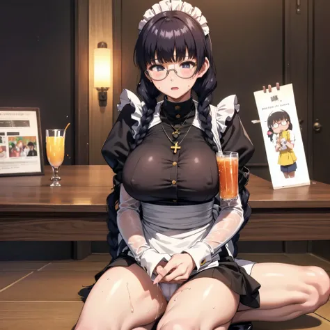 Roberta、Group、Twin braids、Glasses、gem、maid、Opaque Glasses、necklace、apron、Crosaid headdress、crossnecklace、long hair、long sleeve、bangs、Round Glasses、black hair、one girl、solo、huge breasts、huge 、Expression of feeling、blush、nipples are visible、sit with your leg...