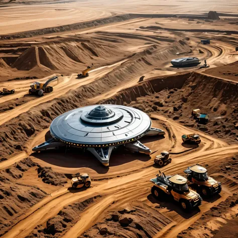 Many modern excavators are digging for huge artifacts, Zornaur Technology&#39;s Flying Saucer-Shaped Smart Spacecraft. bronze colors. Realistic photos.