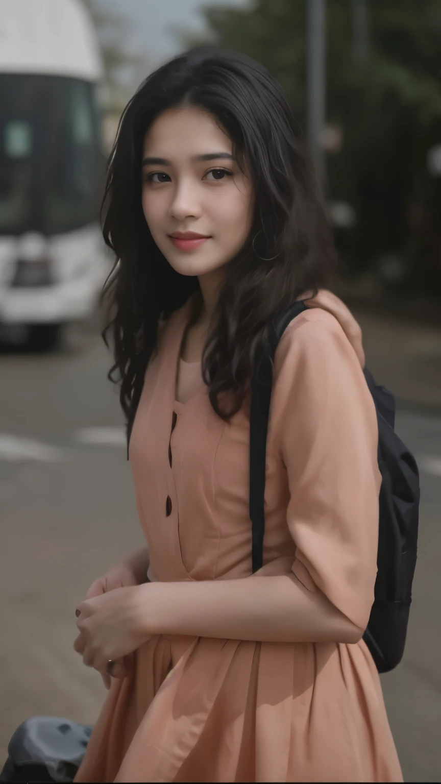 araffe woman with a backpack and a backpack walking down the street,straight hair,lean,slim, with lovely look, f / 1. 9 6. 8 1 mm iso 4 0, candid picture, 🤤 girl portrait, a cute young woman, nivanh chanthara, 8k 50mm iso 10, mid shot portrait, very beauti...