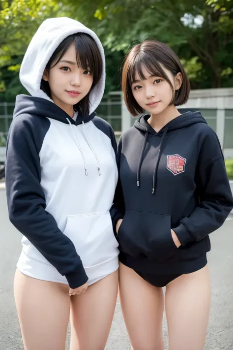 (2 girls, same height :1.2) ,Rear view, couple focus ,  15 years old,   japanese girl ,  (smile:0.7), stand next to each other ,  Upper body, Gym suit, white long sleeve hoodie, hood, school swimwear, , 美しいthighs,please reconsider, realistic butt crack, th...