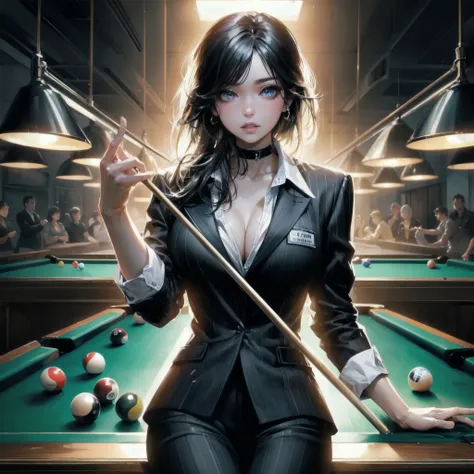 high quality,HD,16k,sharp lines,1 girl,Female billiard athlete ,cute face, large breasts, nice legs,At the billiard venue,focus girl,detailed beautiful face,detailed clothes,beautiful eyes,cool,dynamic angle