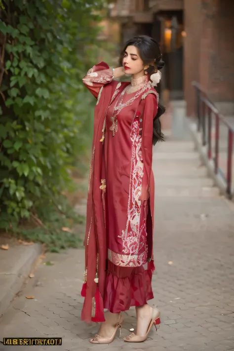 a woman in a red dress standing on a sidewalk, inspired by ambreen butt, ornate dark red opulent clothing, very beautiful enga s...