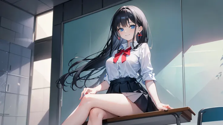 4K photo of a young woman with black hair, 17 years old, medium breasts.  Light blue eyes, long hair, tied in a left bow...,, wearing a red, short-sleeved, unbuttoned shirt.  black short skirt  Wearing earrings and sitting in the classroom with a smiling f...