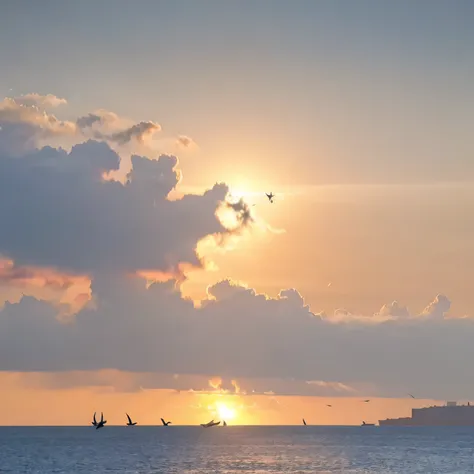 flock of seagull fly across ocean at sunset,Lots and lots of seagull,blinds, Distant Islands,Boat,birds flying in the sun,sad picture,best adobe stock, clear sea waves,seagull, birds in the sun, chaotic sea,The wooden fence on the shore is slightly exposed...