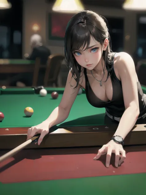 high quality,HD,16k,sharp lines,1 girl,Female billiard athlete ,cute face, large breasts, nice legs,At the billiard venue,focus girl,detailed beautiful face,detailed clothes,beautiful eyes,cool,dynamic angle