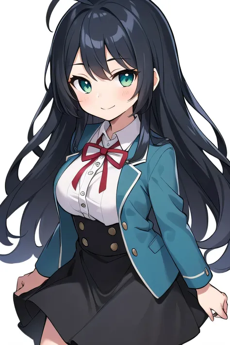 Junior high school student who looks like an elementary school student, 14 years old, very short, 140 cm tall, black hair with a slight green tinge, short ahoge, beautiful long hair but with a little hair sticking out, beautiful round eyes, blue eyes, smil...