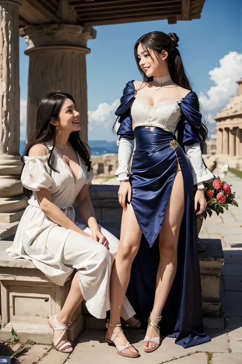 full body portrait or statue、Giorgione painting style,Arguments of two female Philosophe,math、astronomical machine、astronaut、roses in vase、fruits、Cute trinkets、smile、ancient greek costume、Ancient Roman landscape in the style of Nicolas Poussin,laughter,,Sw...