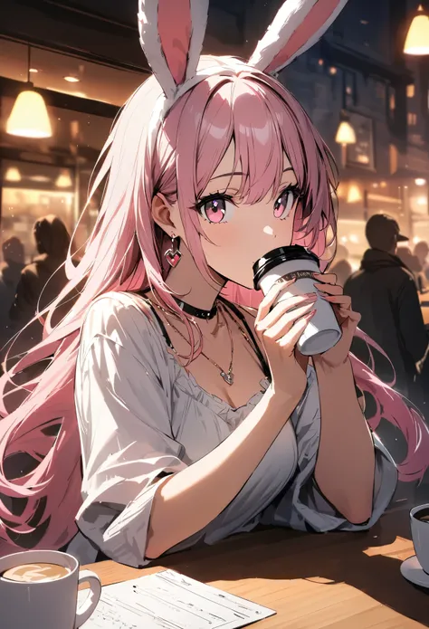 Masterpiece, highest quality, ultra-definition, ultra-fine, 4K, 8K, highest quality, beautiful, cute woman, solo, (beautiful pink hair, beautiful pink eyes, beautiful eyes, long hair, rabbit ears),
break
Scenery of a cozy cafe, drinking coffee, food and co...