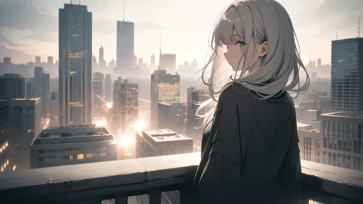 Faded tones, monochrome, cool girl, long bangs, hipster, gray hair, upper chest shot, monochrome, black, green, white sweater, big blurry background, city at dawn, back view, outside