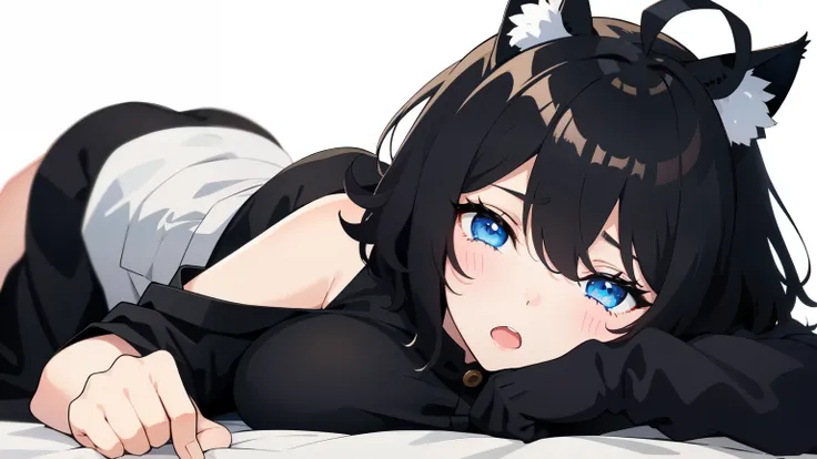 looking at the viewer, 1人のgirl, open your mouth, drunk face、girl、((highest quality, expensive_solve, clear_image)),(black hair), (black cat ears), (Ahoge), (ridiculously short hair), (wavy hair), (blue eyes)、very big breasts,wore a dress、background night r...