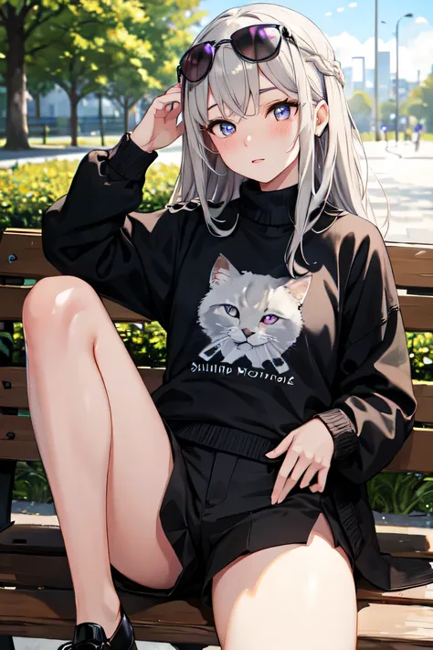 ((best quality)), ((masterpiece)), (detailed), perfect face
 "Oversized grey sweater", "black short pants",
"Long grey hair", "violet eyes", "red pupils"
"facing straight", "slight blush on" "black sunglasses on head", "sitting on the bench", "background o...