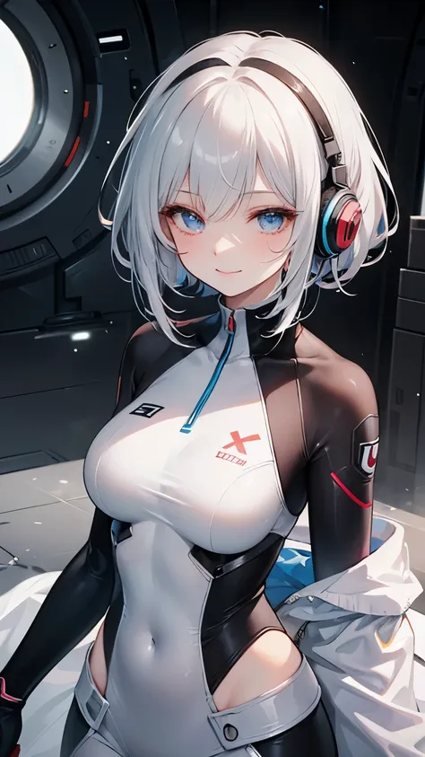 a beautiful silver-haired girl wearing headphones, a sci-fi action set on mars in the 2500s, a body suit with a black base that ...