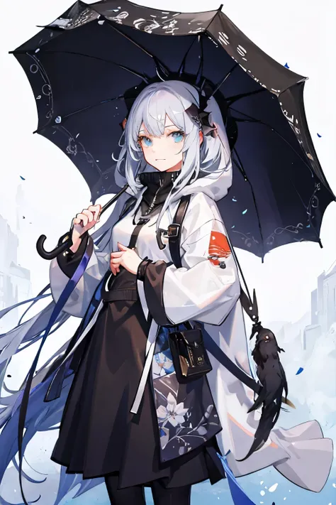 ((best quality)), ((masterpiece)), (detailed),1girl,holding black umbrella,black poncho,white hoodie