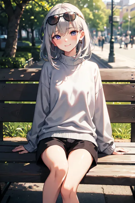 ((best quality)), ((masterpiece)), (detailed), perfect face
 "Oversized grey sweater", "black short pants",
"Long grey hair", "violet eyes", "red pupils"
"facing straight", "slight blush on" "black sunglasses on head", "sitting on the bench", "background o...