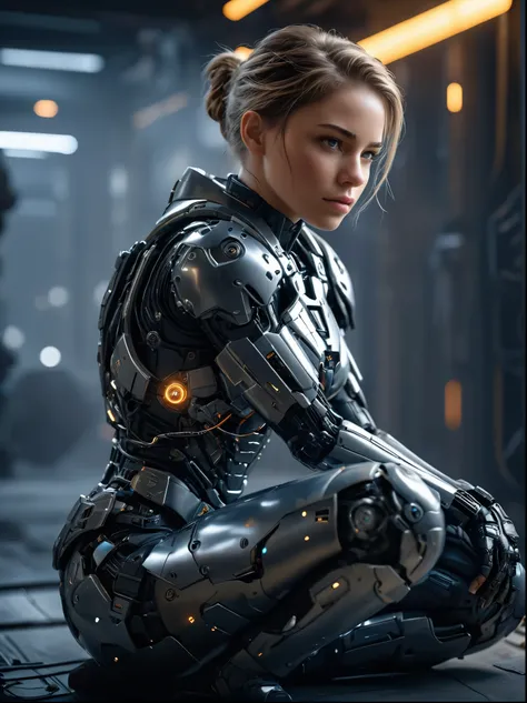 a movie photo,Gorgeous female military cyborg hugs knees,I wish she could have her beautiful body back., negative facial emotions, Detailed face, Volumetric light, Extremely detailed and complex, Super sharp focus, octane rendering, Unreal Engine, Hyper-re...