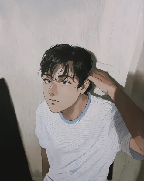 muted pastel colors, retro anime, 1990s anime, 1980s anime, brush strokes, masterpiece, best quality, 1boy, solo, black eyes, white shirt, closed mouth, medium hair, simple background