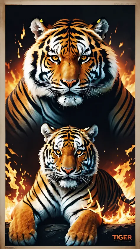 tiger looking angry , film poster , backgraund fire
