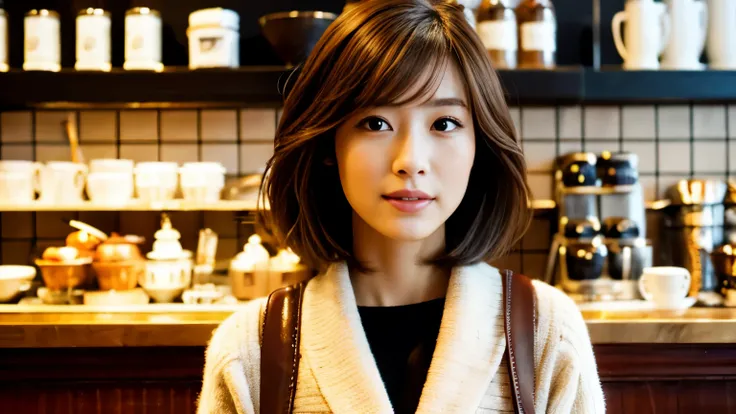 medium shot shot, Beautiful Japanese woman looking at the camera, In a café in New York, brown hair, short hair,spring clothes